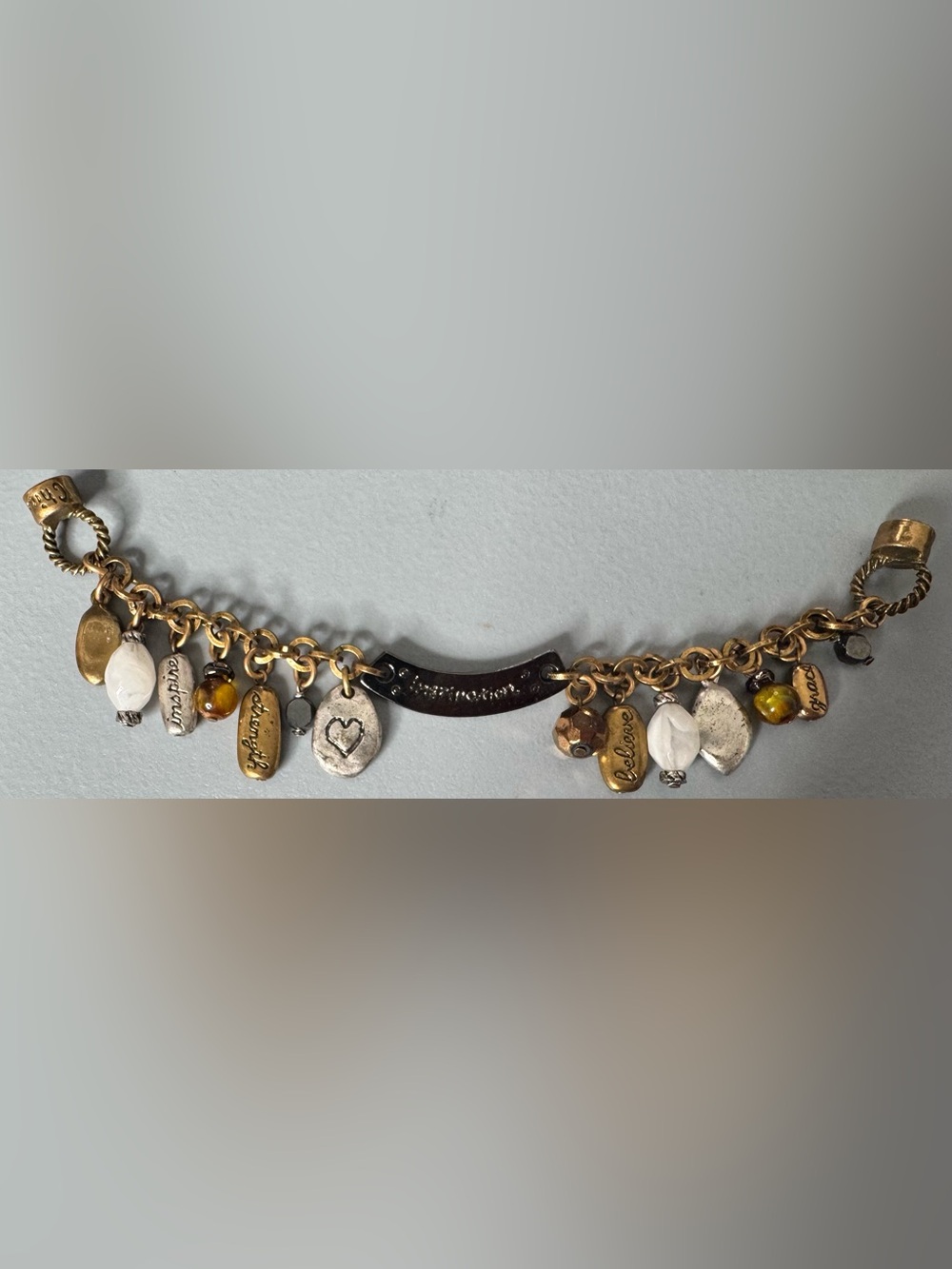Chico's Gold-Tone Charm Bracelet with White and Amber Accents motivational boho - Picture 7 of 7
